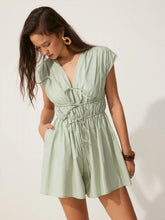 Cotton-blend V-neck Shirred Waist Mid Rise Romper