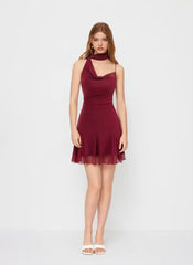 Mesh Halter Neckline Ruched Ruffle Hem Mini Dress With Scarf