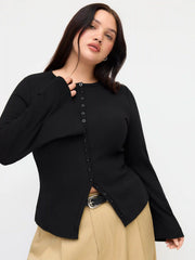 Cotton-blend Round Neckline Button Up Bell Sleeve Top Curve & Plus