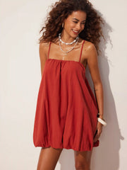 Cotton-blend Square Neck Textured Bubble Hem Mini Dress