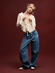 V-neck Long Sleeve Ruffle Trim Tie Front Bow Blouse