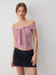 Cotton-blend Striped Off-shoulder knotted Slim Top