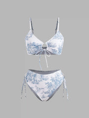 V-neck Toile de Jouy O-Ring Bracelet Cheeky Bikini Swimsuit