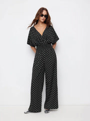 Chiffon V-neck Ruched Cloak Sleeve Oversized Jumpsuit