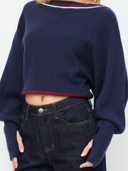 Knit Asymmetrical Neck Crop Top With Striped Trim