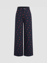 Cotton-blend High Rise Heart Graphic Button Straight Leg Trousers