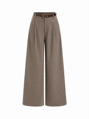 Jacquard Low Rise Houndstooth Pleated Wide Leg Trousers With Belt