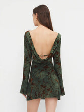 Boat Neck Floral Ruched Backless Metal Detail Lettuce Trim Mini Dress