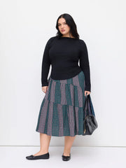 Cotton-blend Mid Rise Tartan Patched Tiered Maxi Skirt Curve & Plus