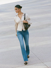 Satin Collar Long Sleeve Shirt With Belt