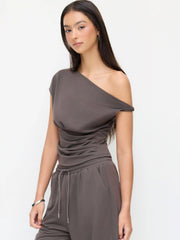 Cotton-blend Asymmetrical Neck Twist Ruched Top & Mid Rise Drawstring Trousers Set