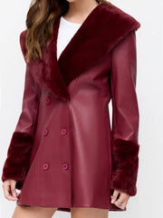 Faux Leather Double Breasted Jacket With Faux Fur Trim