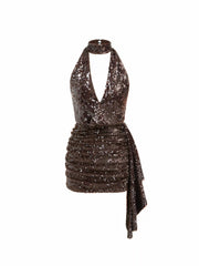 Sequin Deep V-neck Halter Mini Dress