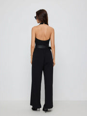 Halter Neckline Lace Trim Wide Leg Jumpsuit With Belt