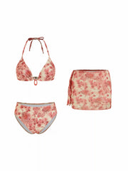 Floral & Leopard Halter Neckline Ring Detail Triangle Bikini Set With Sarong