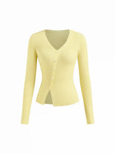 Knit V-neck Long Sleeve Split Asymmetrical Button Top