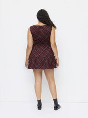 Wool-look Boat Neck Plaid Ruffle Hem Mini Dress Curve & Plus