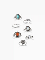 7PCS GEMSTONE & RHINESTONE & LEAF RING SET