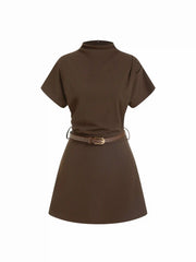 Stand Collar Short Sleeve Ruched A-line Mini Dress With Belt