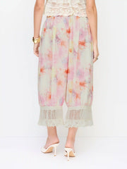 Chiffon Mid-Rise Abstract Print Lace Trim Bloomer Cropped Trousers
