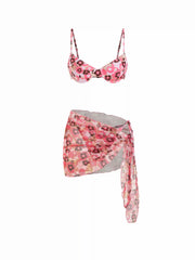 Floral Sweetheart Tie Side Underwire Bikini Set With Sarong
