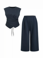 Cotton-blend Round Neck Twist Top & Mid Rise Wide Leg Trousers Set Curve & Plus