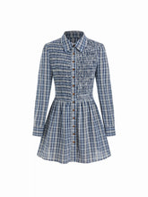 Cotton-blend Collar Tartan Shirred Button Mini Dress