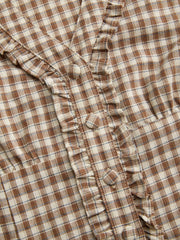 Cotton-blend Plaid V-neck Cinched Waist Lettuce Trim Blouse