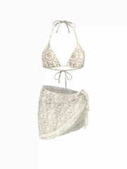 V-neck Bowknot & Flower Knotted Halter Tie Side Bikini Set With Lace Sarong