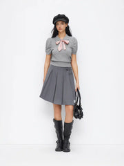 Knit Collar Puff Short Sleeve Bowknot Cinched Waist Top