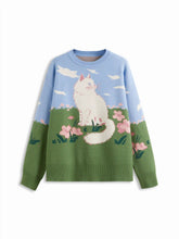 Knit Jacquard Cat & Flower Graphic Round Neckline Oversized Top