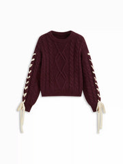 Cable Knit Round Neckline Lace Up Knotted Oversized Sweater