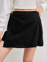 Cotton Mid Rise Solid Knotted Mini Skirt