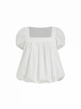 Cotton-blend Square Neck Puff Sleeve Ruched Bubble Hem Blouse