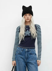 Cotton-blend Boat Neck Striped Star Appliques Tee
