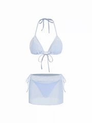 Halter Neckline Lace Panel Tie Side Triangle Bikini Set With Mesh Lace Skirt