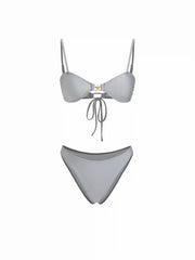 Sweetheart Ruched Metal Detail Low Rise Triangle Bikini Set