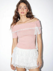 Knit Off-Shoulder Lace Trim Short Sleeve Top