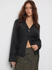 Collar Knotted Ruched Cinched Waist Shirt
