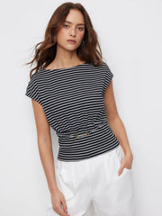 Cotton-blend Boat Neck Striped Metal Detail Short Sleeve Top