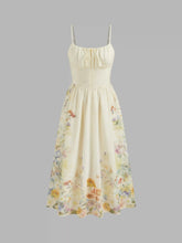 Square Neck Floral Shirred Midi Dress