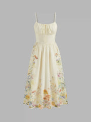 Square Neck Floral Shirred Midi Dress