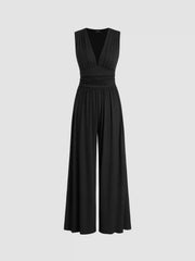 V-neck Ruched Solid Wide Leg Jumpsuit