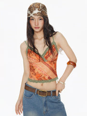 Mesh Sweetheart Floral Lace Trim Cami Top
