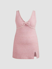 Knit V-neck Bowknot Split Mini Dress Curve & Plus