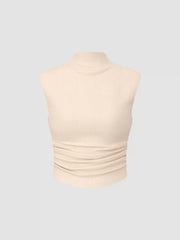 Solid High Neck Sleeveless Ruched Tank Top