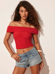 Mesh Off-shoulder Ruched Short Sleeve Top