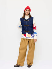 Denim V-neck Toggle Button Quilted Vest