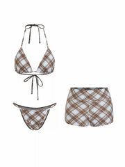 High Stretch Plaid Halter Triangle Top & Mid Rise Bikini Shorts 3 Piece Bikini Set