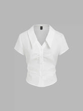 Cotton-blend Polo V-neck Ruched Short Sleeve Shirt